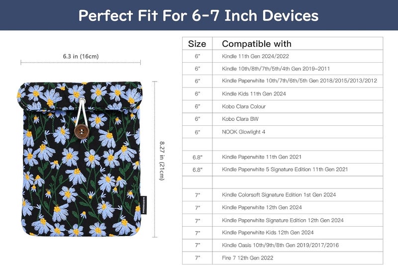 Dadanism 6-7 Inch Embroidered Daisy Floral Padded Sleeve for 7" All-New Kindle Paperwhite/Colorsoft Signature Edition, Protective Sleeve Carrying Case for 6" Kindle E-Reader/Oasis/Kobo E-Reader, Black - Image 2